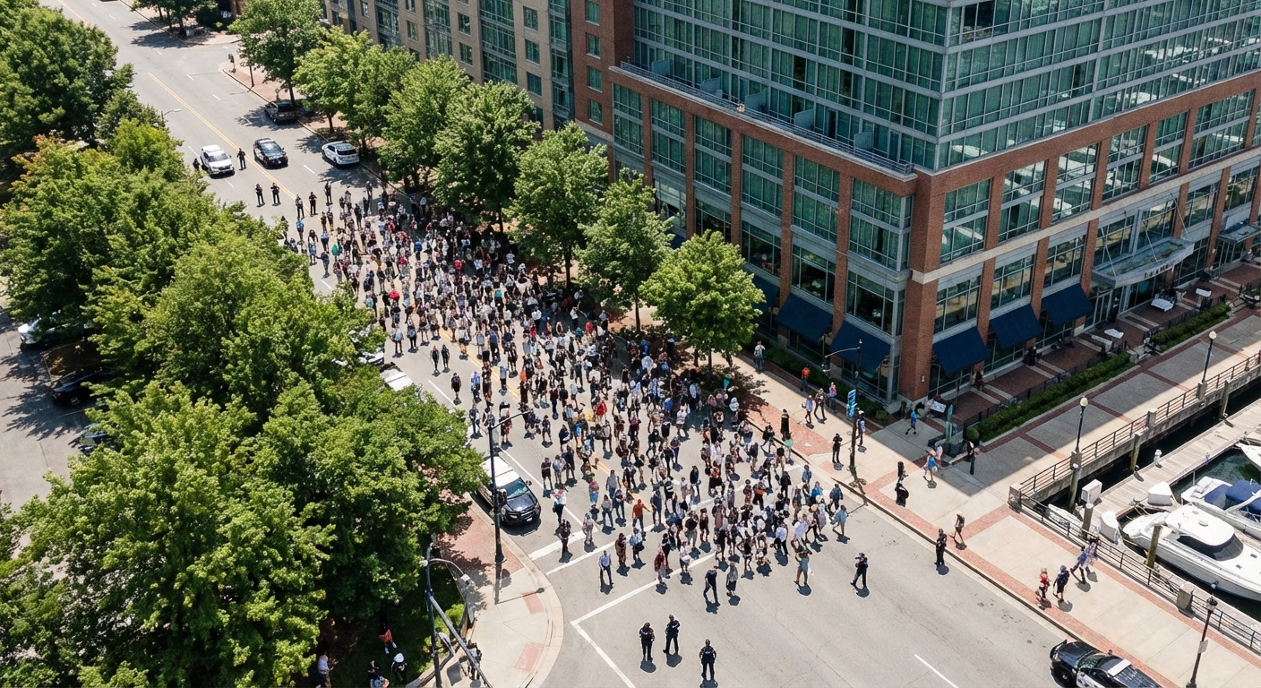 Small peaceful protest outside a waterfront hotel with police presence and demonstrators moving along the street.