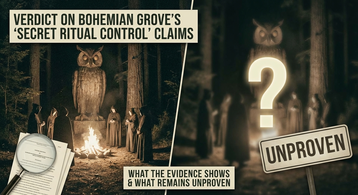 Article type: Verdict, Title: Verdict on Bohemian Grove: ‘Secret Ritual Control’, Claims: Evidence Score, What We Know, and What We Can’t Prove