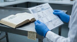 Gloved hands holding an autopsy summary sheet next to a forensic textbook in a clinical setting.