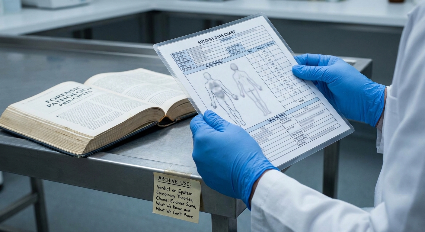 Gloved hands holding an autopsy summary sheet next to a forensic textbook in a clinical setting.