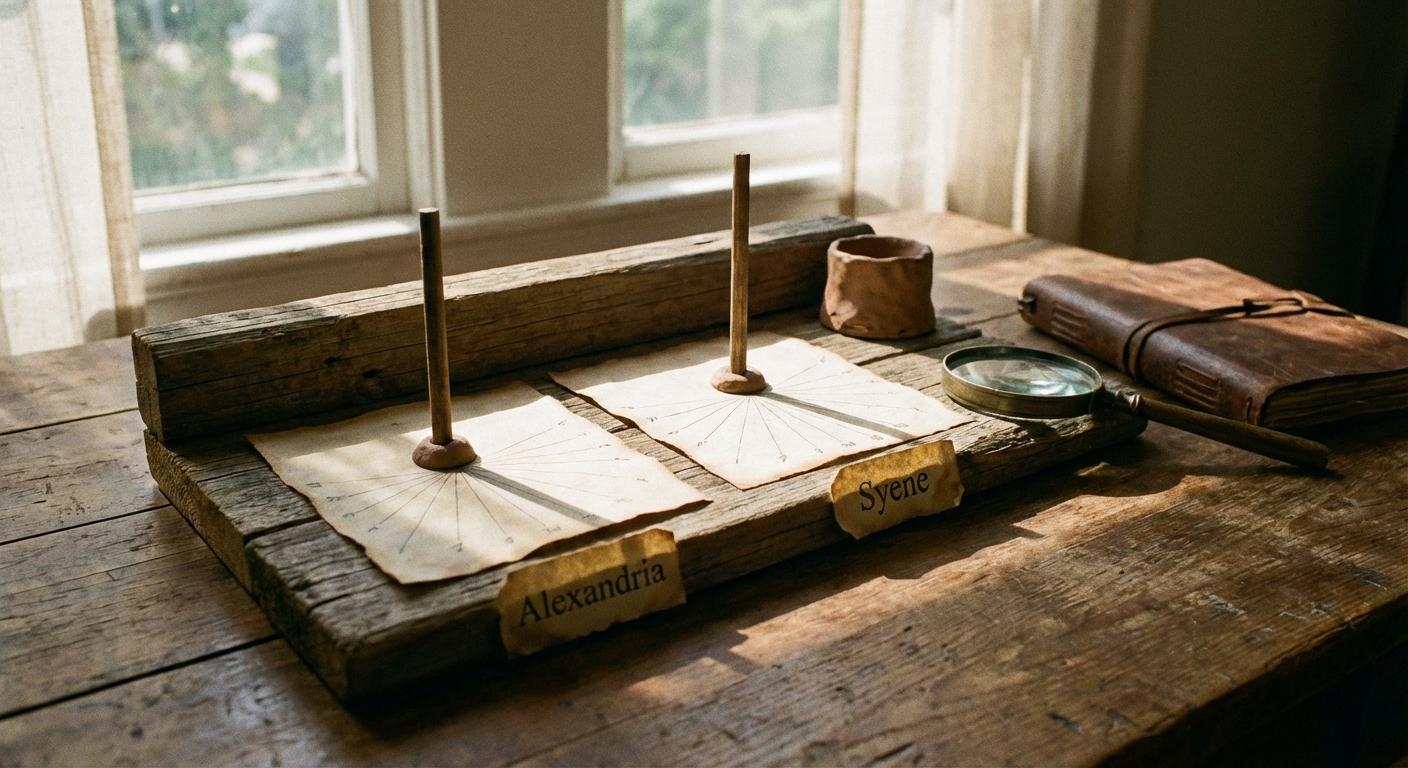Re-creation of two vertical rods casting different shadows at noon to demonstrate Eratosthenes’ circumference method.