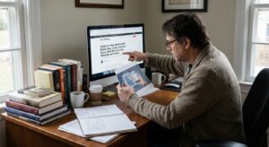 Fact‑checker comparing a social graphic and source documents on a computer in an office.