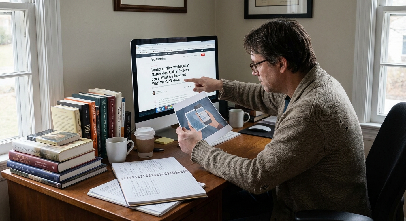 Fact‑checker comparing a social graphic and source documents on a computer in an office.