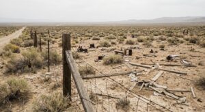 Desert ranch scene with scattered metallic debris near fence, neutral daylight, documentary perspective.