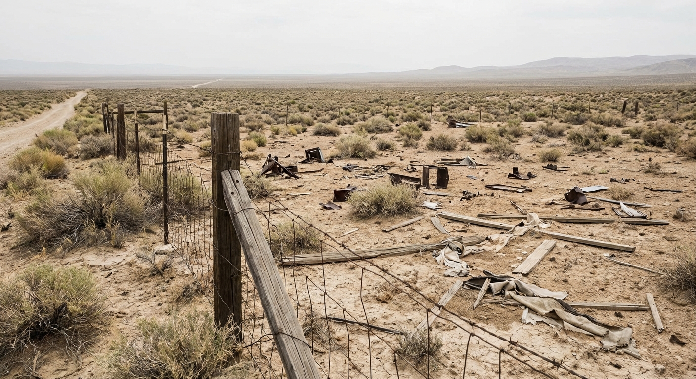 Desert ranch scene with scattered metallic debris near fence, neutral daylight, documentary perspective.
