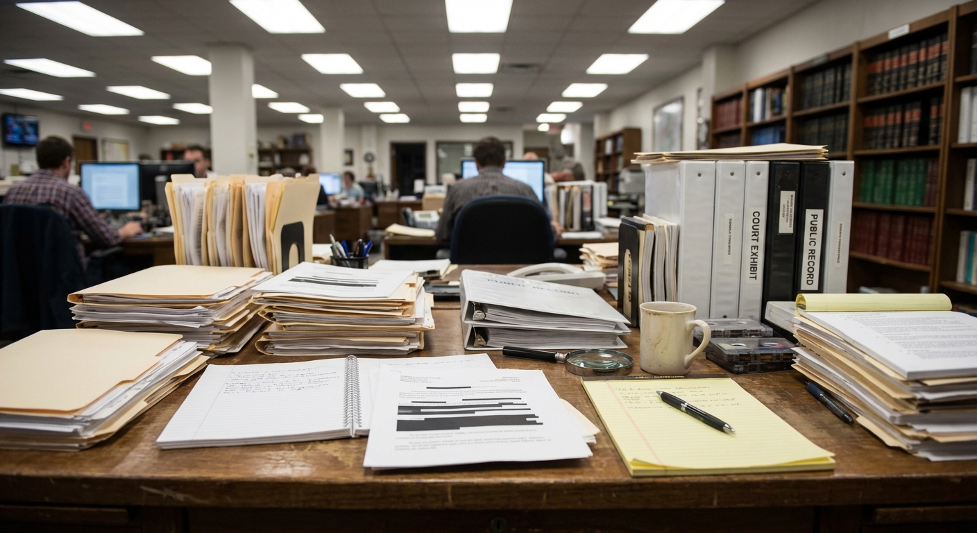 Desk with court exhibits and documents laid out for analysis, under soft newsroom lighting.