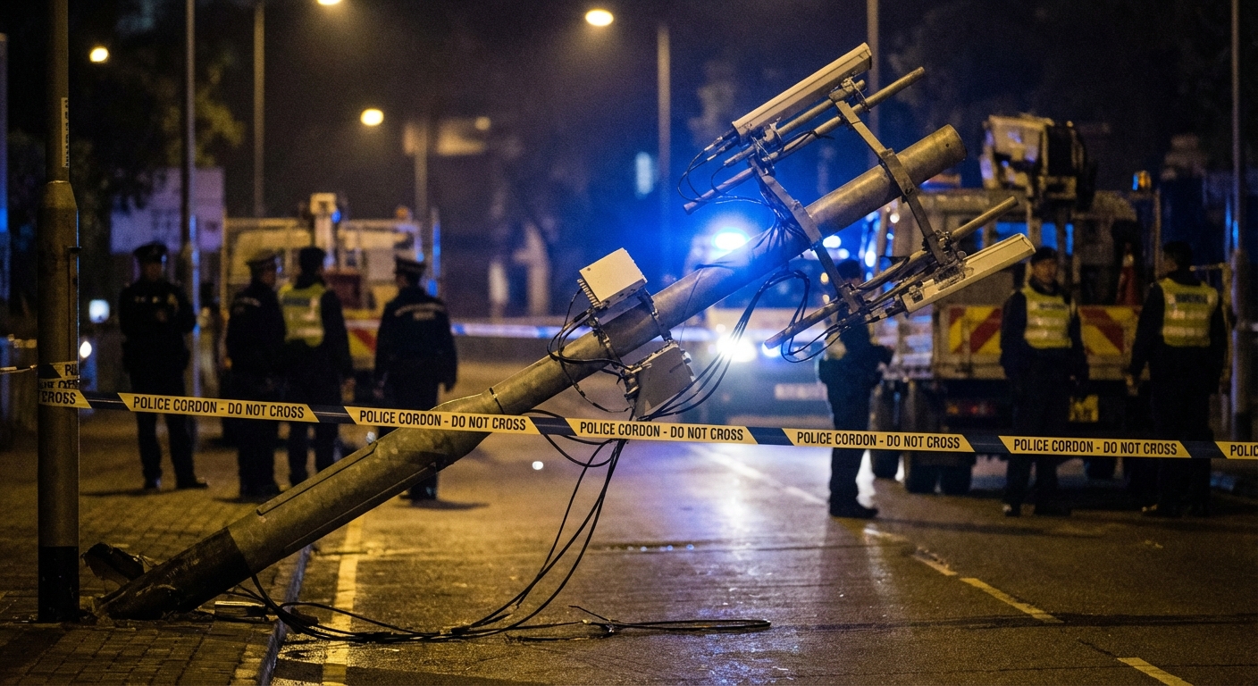 Nighttime scene of a cordoned-off telecom mast with emergency responders, documentary tone.