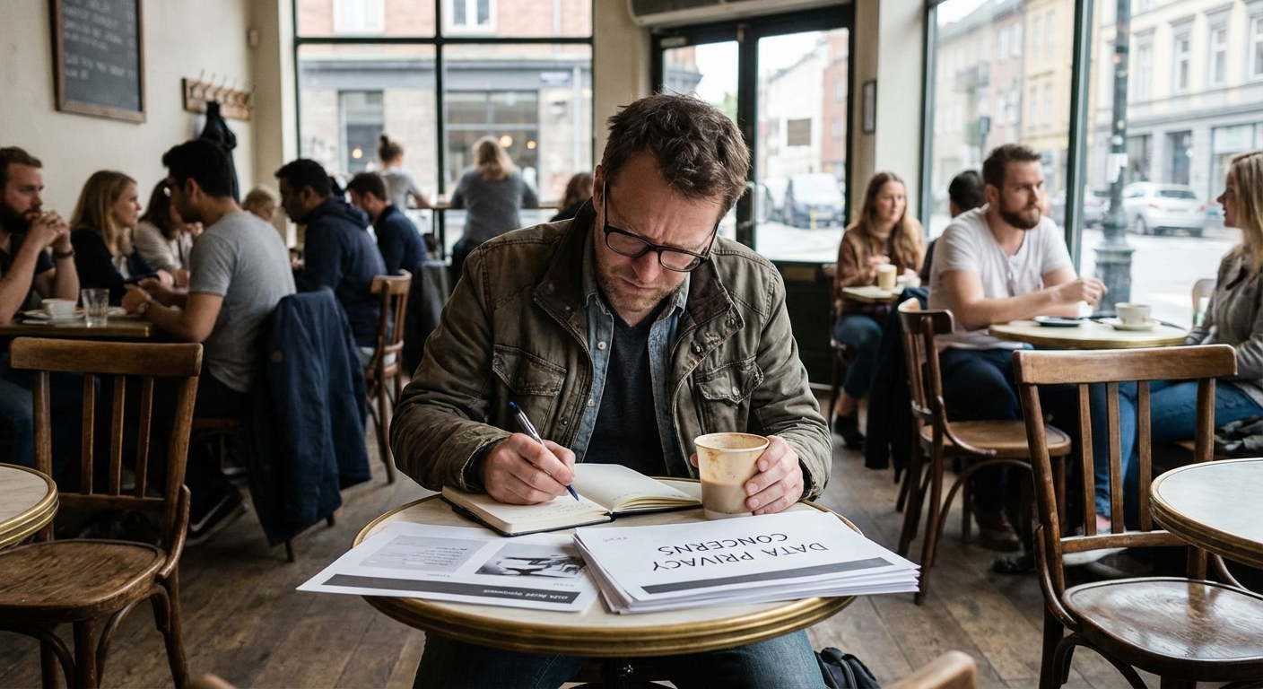 Journalist reviewing printed materials at a cafe table while taking notes, suggesting investigative reporting.