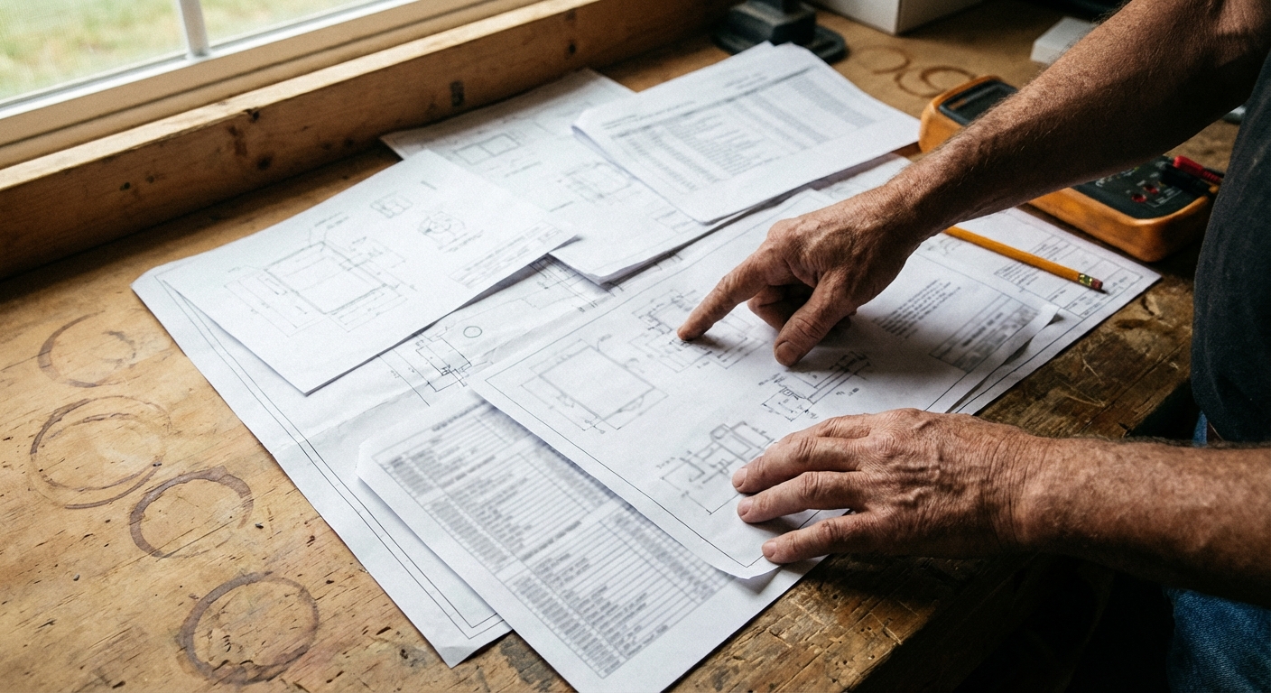 Hands pointing at technical diagrams and schematics on a table, text intentionally unlegible.