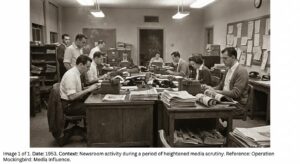 1950s-style newsroom with reporters on typewriters and piles of period newspapers, documentary feel.