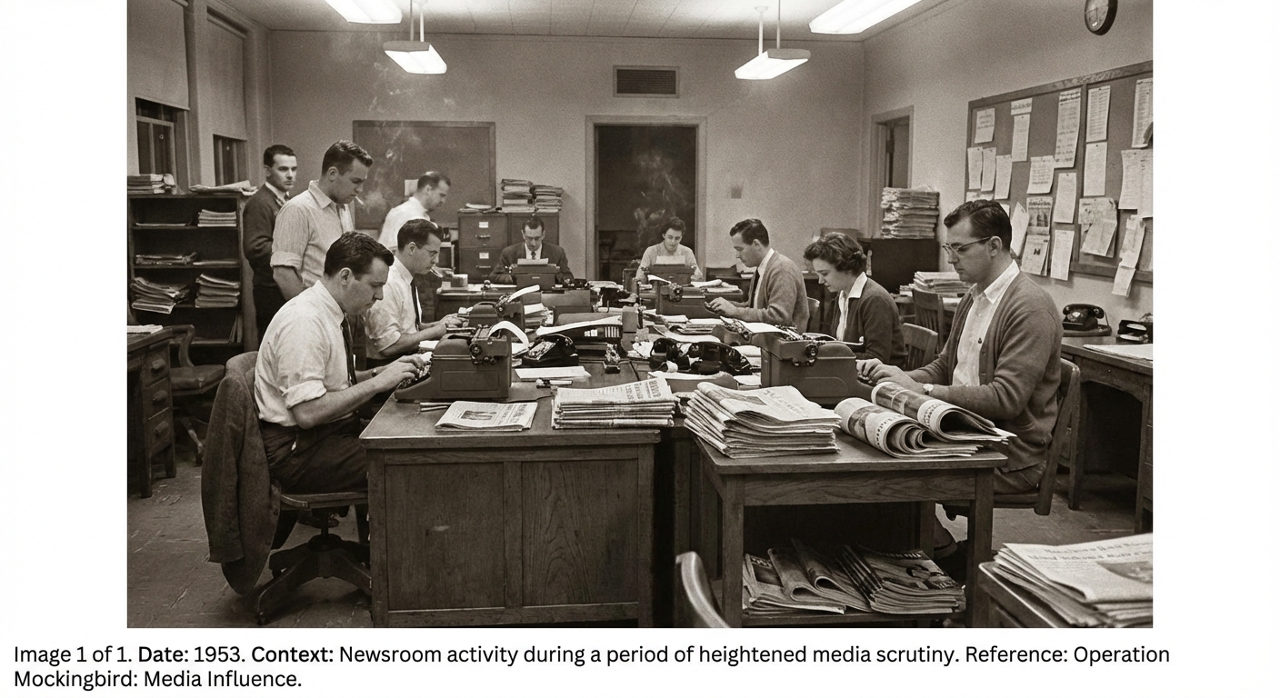 1950s-style newsroom with reporters on typewriters and piles of period newspapers, documentary feel.