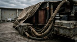 Close-up of vintage shipboard electrical coils and insulated cabling arranged on a static deck for documentary photography.