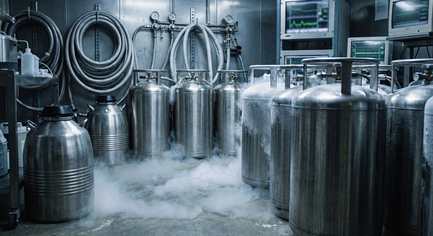Sterile cryonics lab with stainless dewars and cold vapor, conveying preservation technology without people or logos.