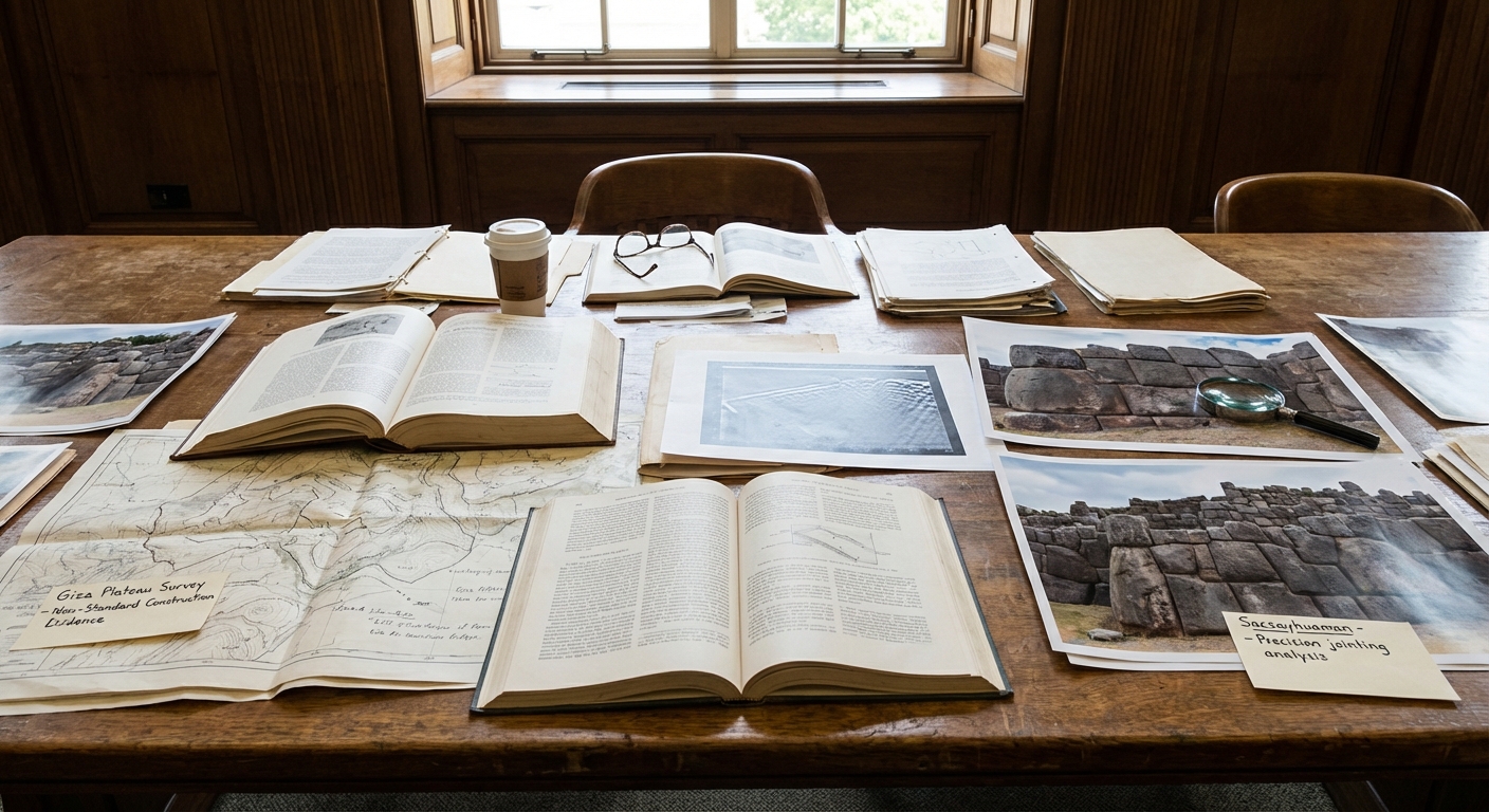 Researchers’ table with printed journal papers, site photos, and maps arranged for comparative study.