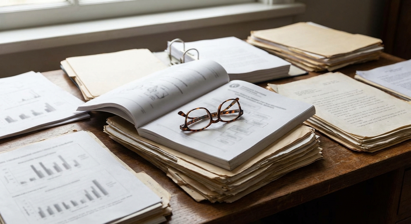 Desk with printed technical reports and reading glasses indicating documentary review.