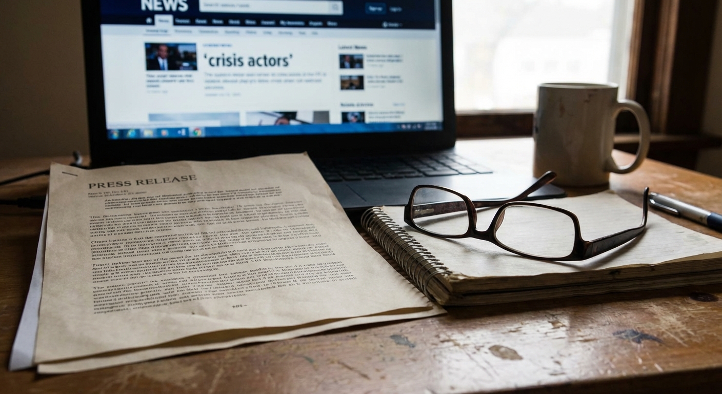 A desk with a laptop and a printed news article referencing the crisis actors topic, documentary composition.