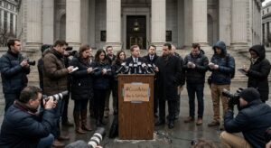 Reporters and photographers gather at a courthouse press area during legal proceedings related to misinformation claims.