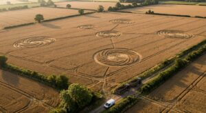 Aerial dawn photo of multiple crop formations in a wheat field with a farmer’s vehicle at the field edge, showing scale and access.
