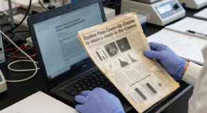Researcher reviewing a scientific paper and laptop in an office, documentary style.
