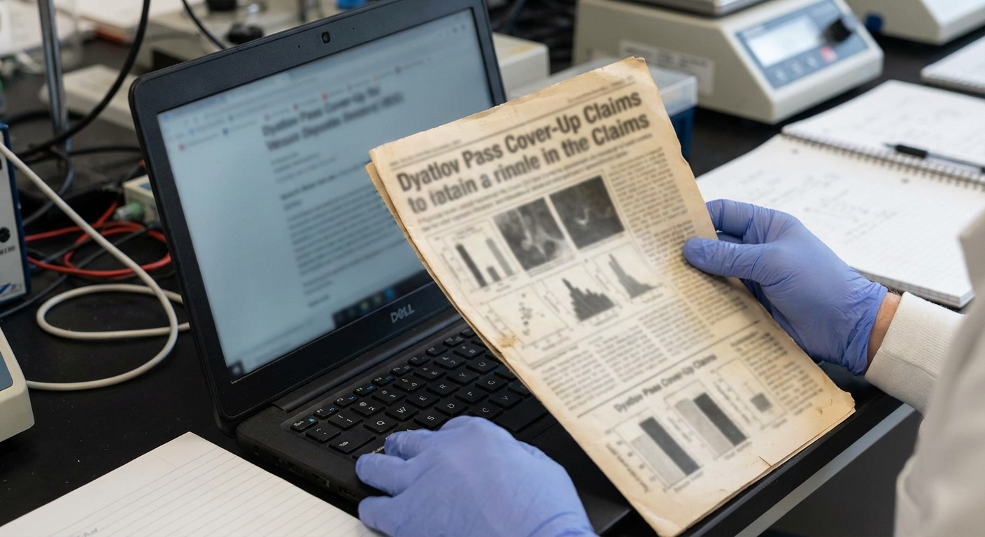 Researcher reviewing a scientific paper and laptop in an office, documentary style.