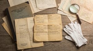 Archival scene with aged reports and telegrams on a wooden table, neutral lighting, no modern branding.