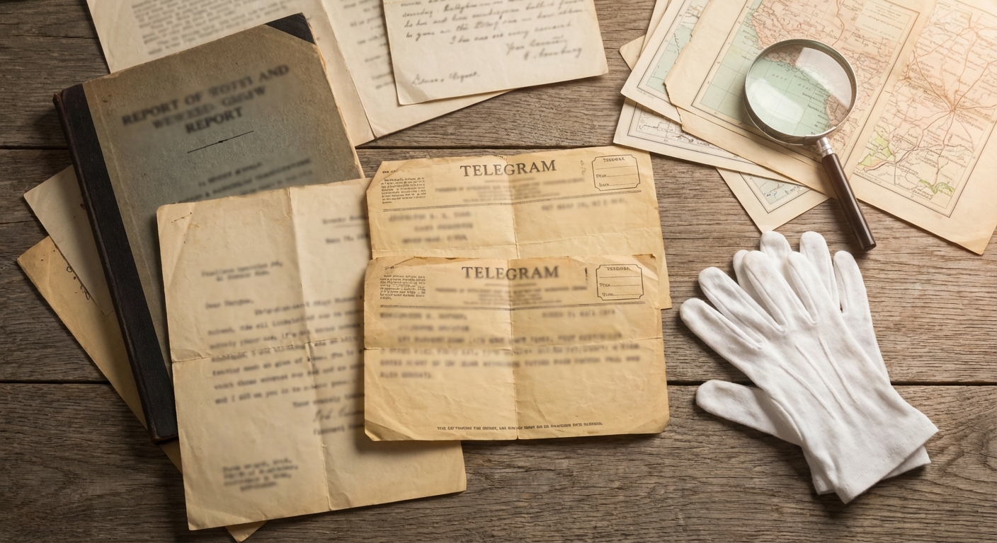 Archival scene with aged reports and telegrams on a wooden table, neutral lighting, no modern branding.