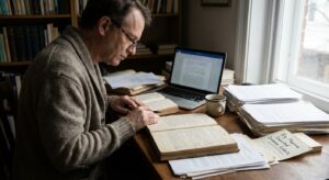 Researcher studying medical journals, regulatory paperwork, and notes in a neutral documentary scene.