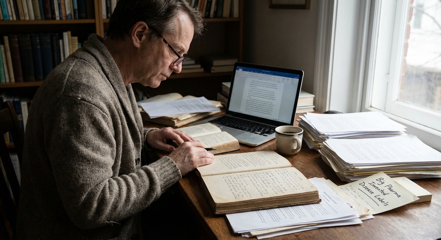Researcher studying medical journals, regulatory paperwork, and notes in a neutral documentary scene.