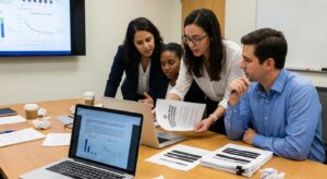 Researchers in a small meeting room examining printed reports and redacted documents, collaborating on analysis.