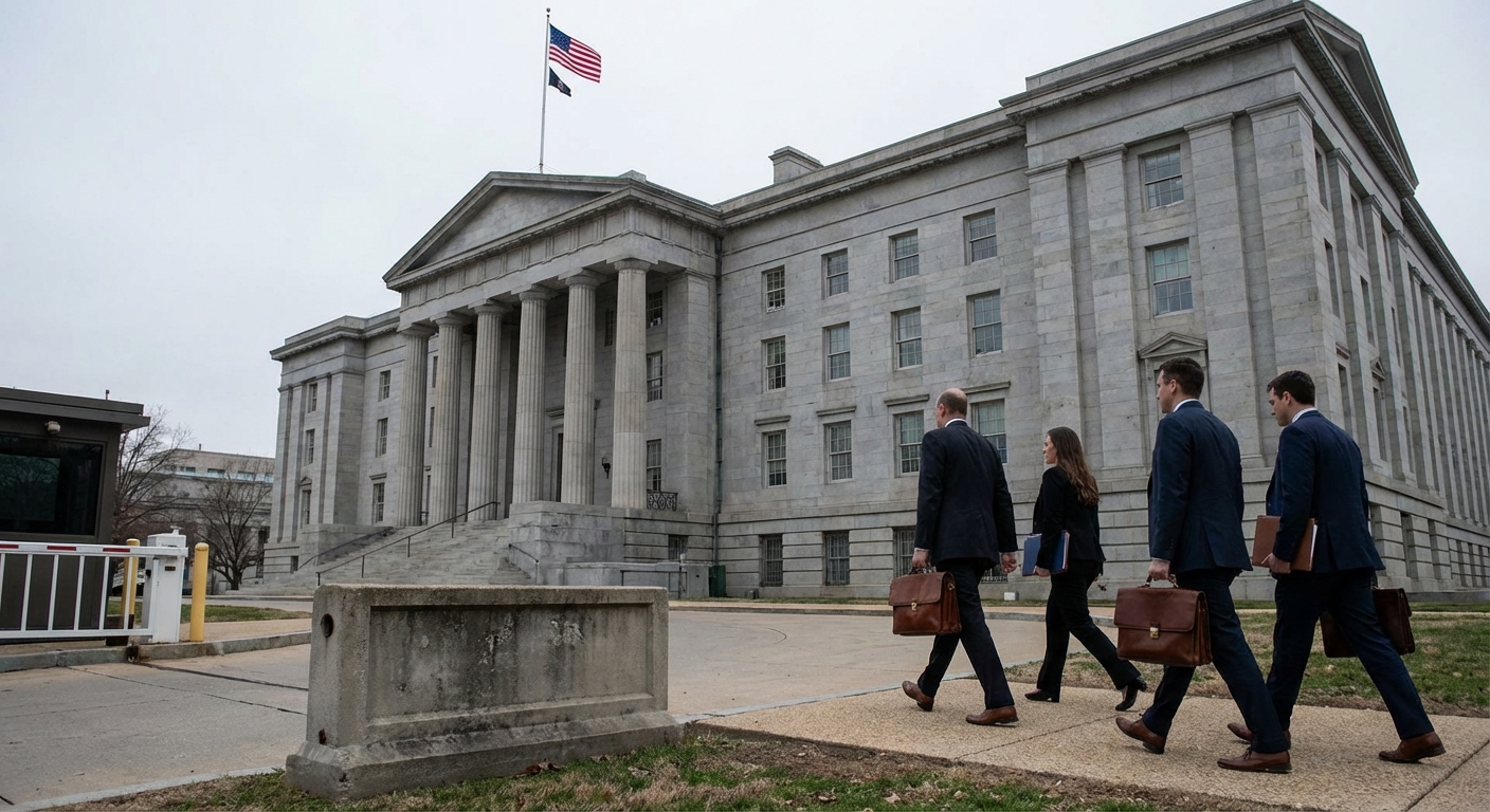 People approaching a government office, symbolizing regulatory inquiry.