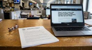 Desk with legal documents and laptop displaying an investigative headline, glasses nearby.