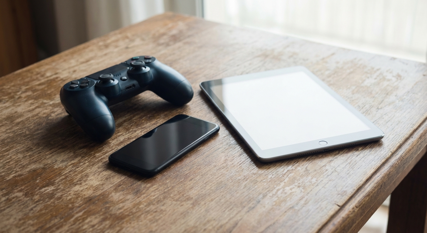 Console controller, smartphone, and tablet on a simple table, symbolic representation of devices without branding or text.