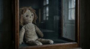 Close-up of a vintage rag-style doll in a protective glass display with soft reflections, museum look.