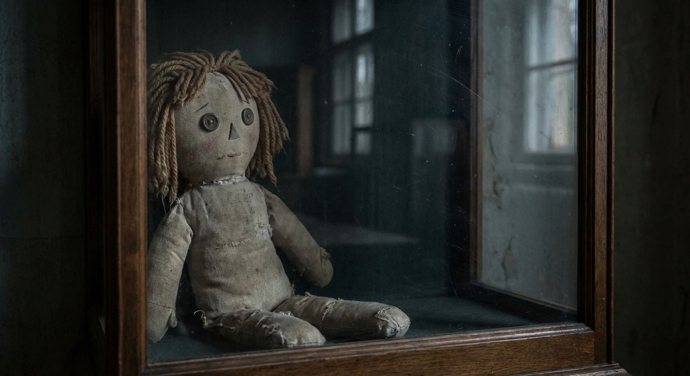 Close-up of a vintage rag-style doll in a protective glass display with soft reflections, museum look.