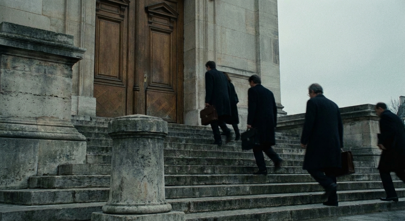Courthouse steps and entrance photographed from a neutral angle, suggesting legal inquiry.