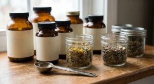 Close-up of non-branded supplement bottles and herbal tea supplies on a kitchen counter.