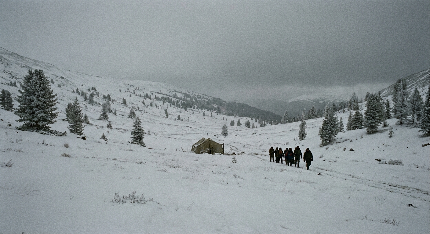 Snow-covered northern Ural slope with scattered pines and an overcast sky, documentary perspective evocative of the Dyatlov Pass setting.
