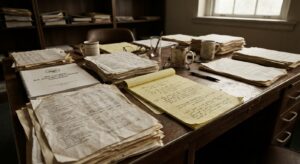 Close-up of printed financial statements and legal notes laid out for forensic review.