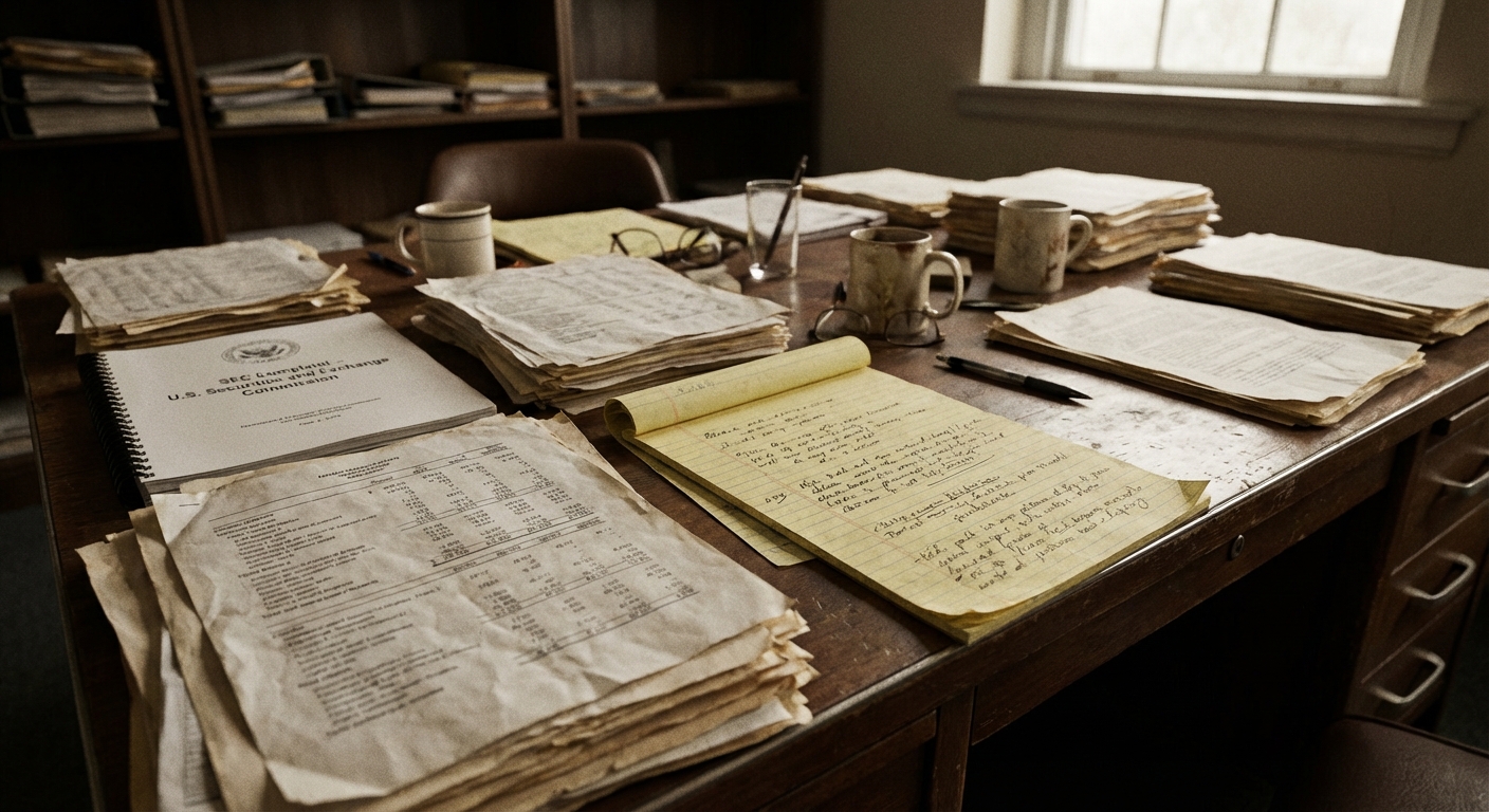 Close-up of printed financial statements and legal notes laid out for forensic review.