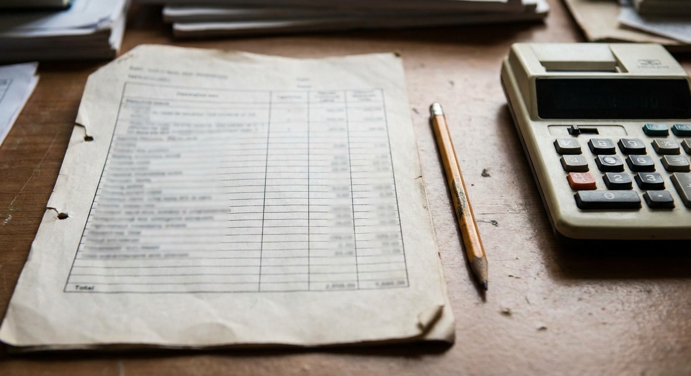 Printed balance sheet with pencil and calculator, symbolizing accounting scrutiny.