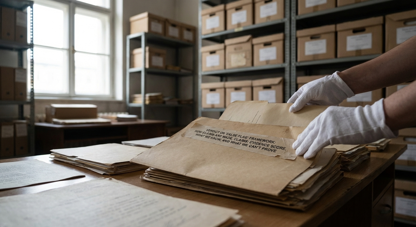 Archivists examining declassified files and folders on a wooden table in a sunlight-lit records room.
