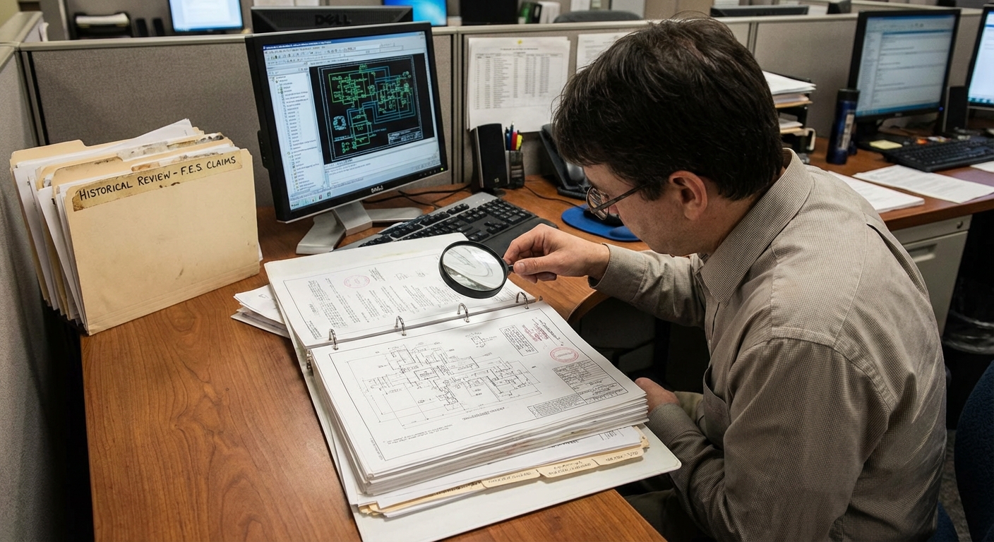 Government patent examiner reviewing documents under office lighting, professional environment.