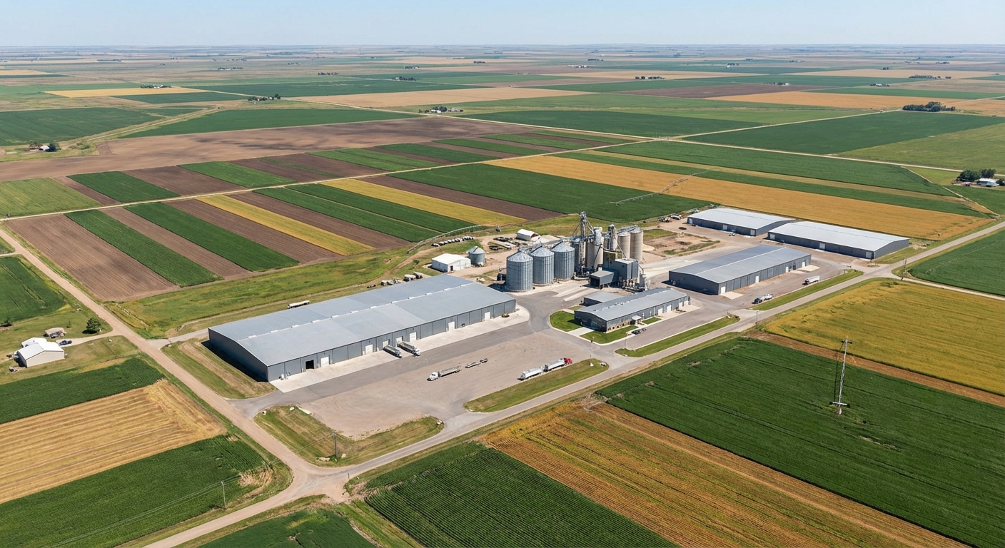 Aerial documentary shot of large-scale farmland and an industrial seed production complex under clear skies.