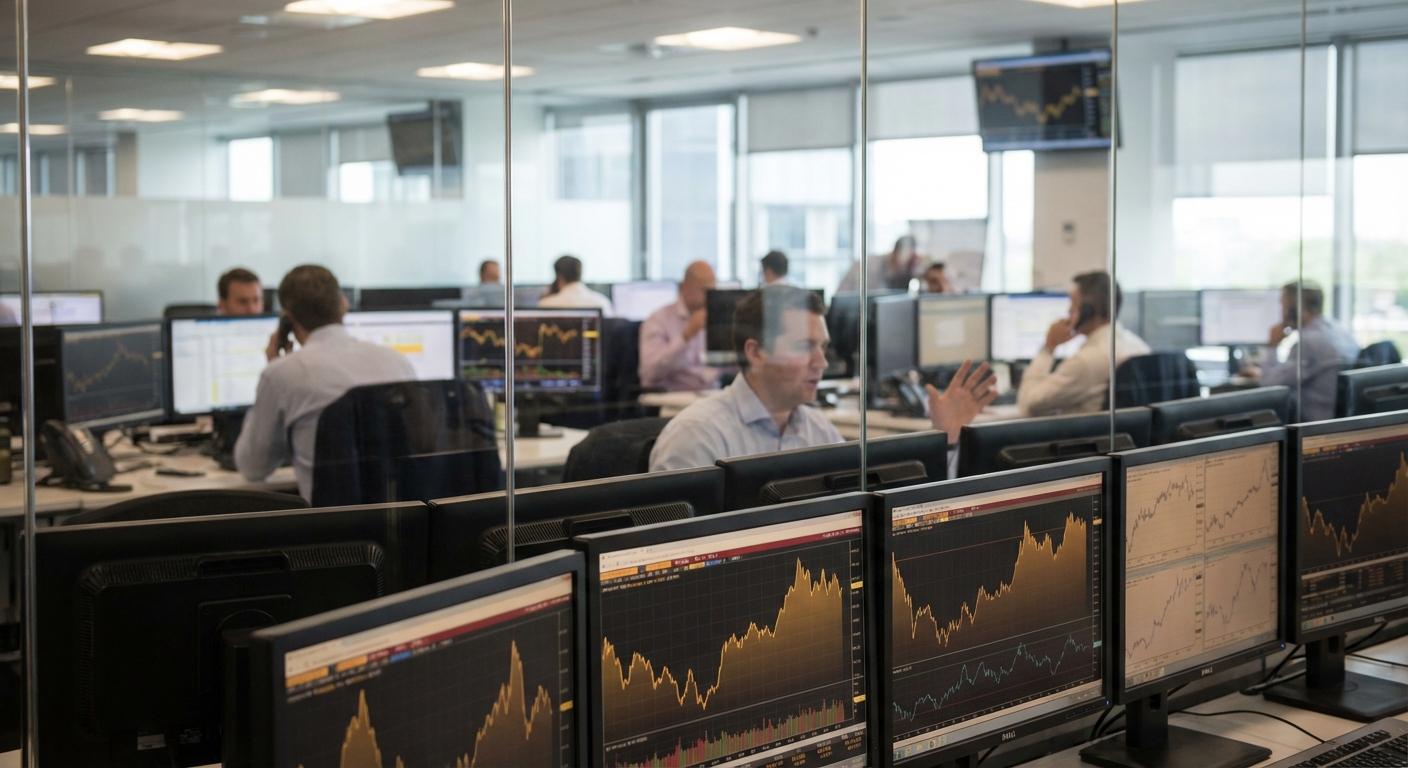 Contemporary trading floor scene with screens displaying gold price charts and traders working in the background.