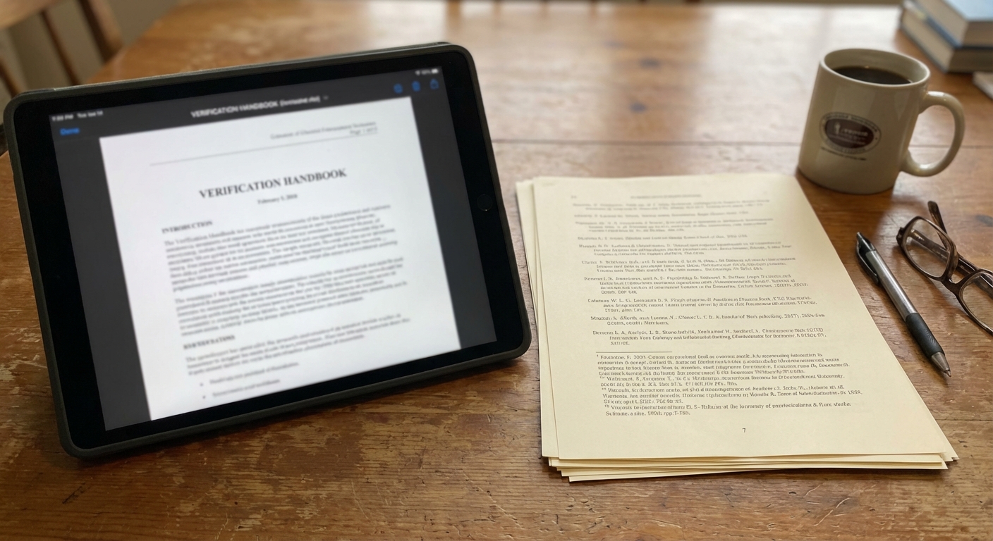 Tablet displaying a verification manual beside printed source pages and notes on a desk.