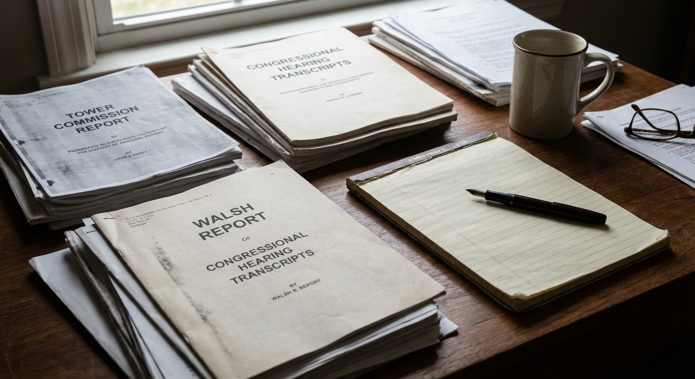 Close view of a desk with government reports and hearing transcripts arranged for review, 1980s research setting.