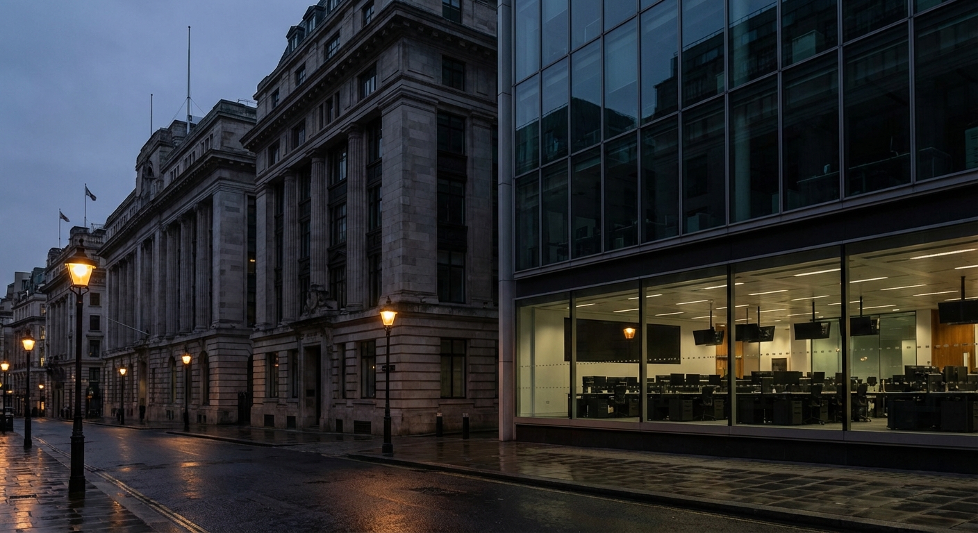 Banking facades and an empty trading-floor exterior underscoring institutional finance scrutiny.