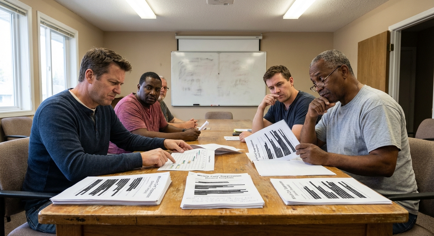 Small group of diverse adults seated around a table, studying printed timelines and documents.
