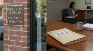 Exterior view of a government health agency entrance with a visitor folder on a reception table in foreground