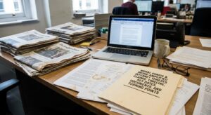 A reporter's desk with newspaper stacks, laptop, and printed timeline documents amid a busy newsroom setting.